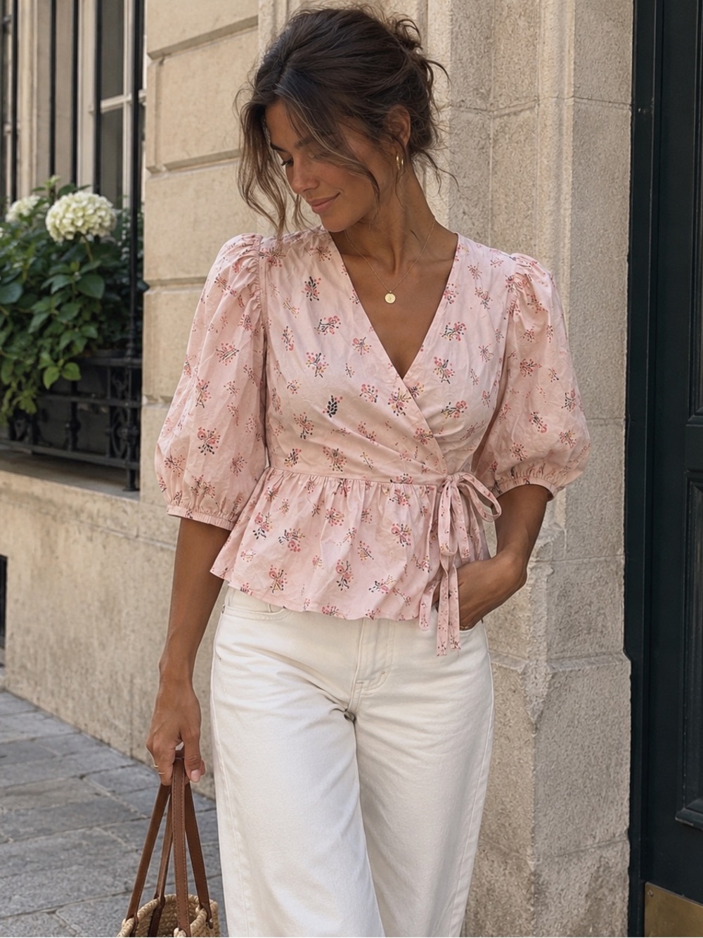 Y.A.S Pink Floral Organic Cotton Wrap Peplum Blouse Puff Sleeve Romantic S